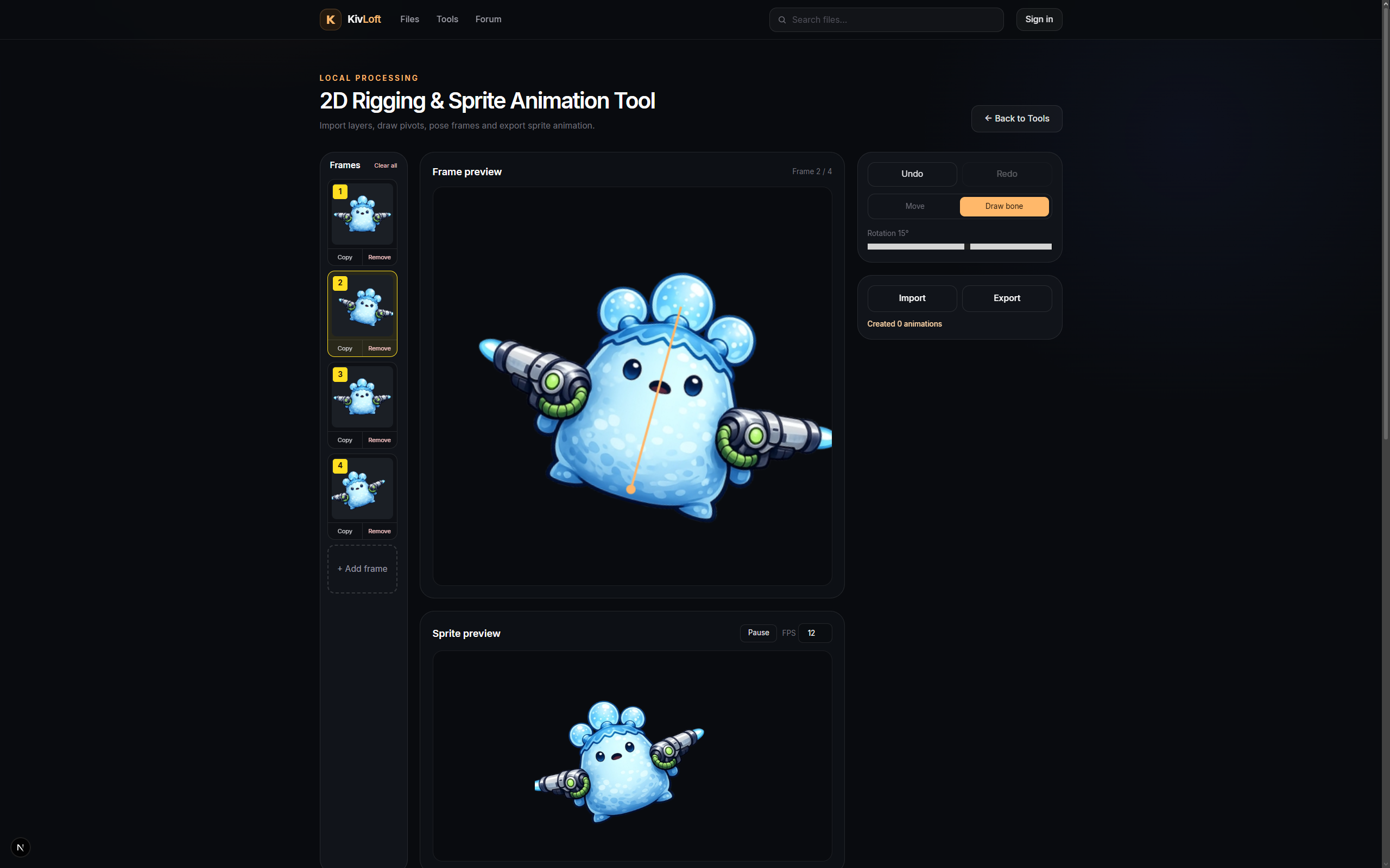 KivLoft 2D Rigging and Sprite Animation Tool interface