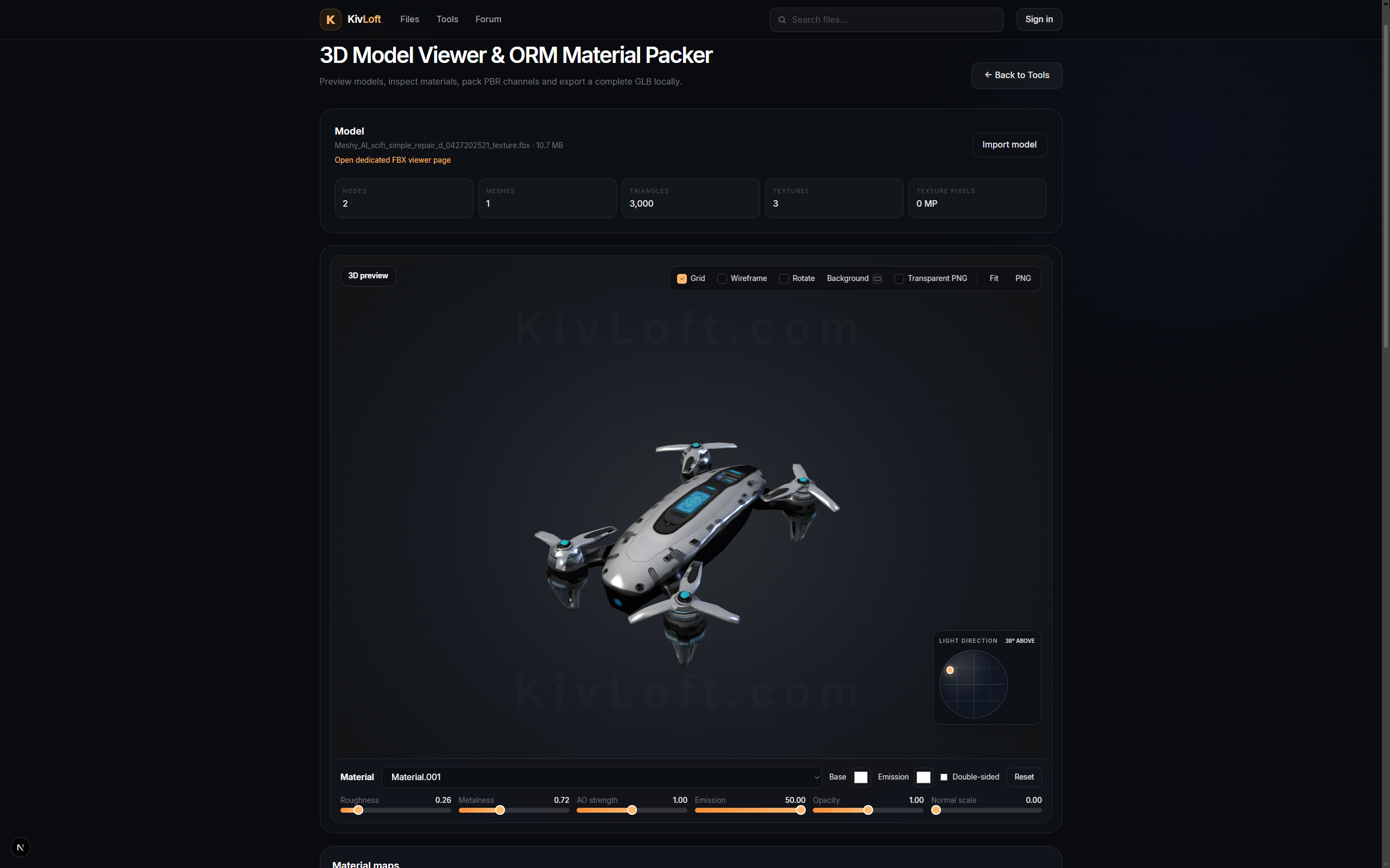 KivLoft 3D Model Viewer and ORM Material Packer interface