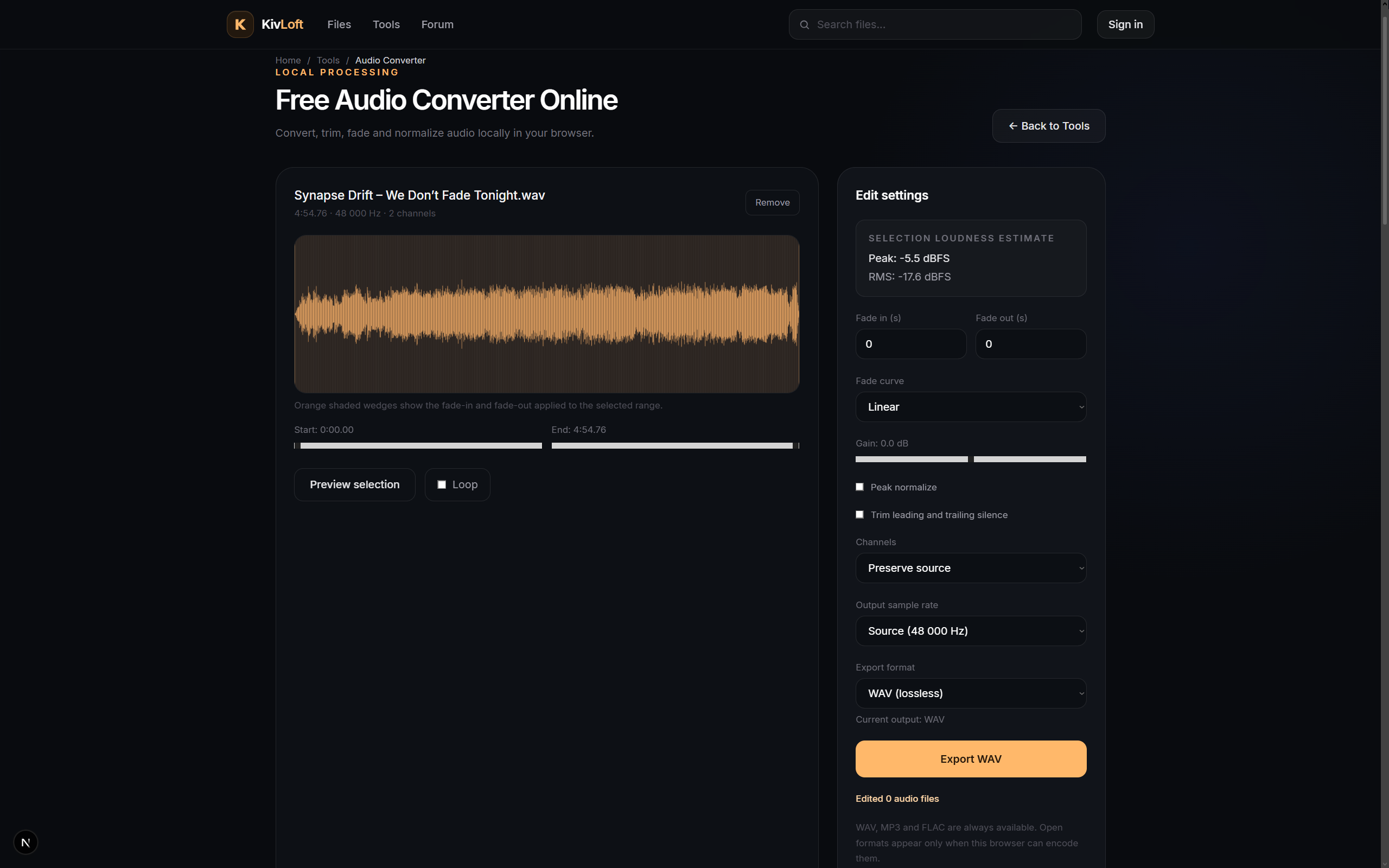 KivLoft Audio Converter editing and export interface
