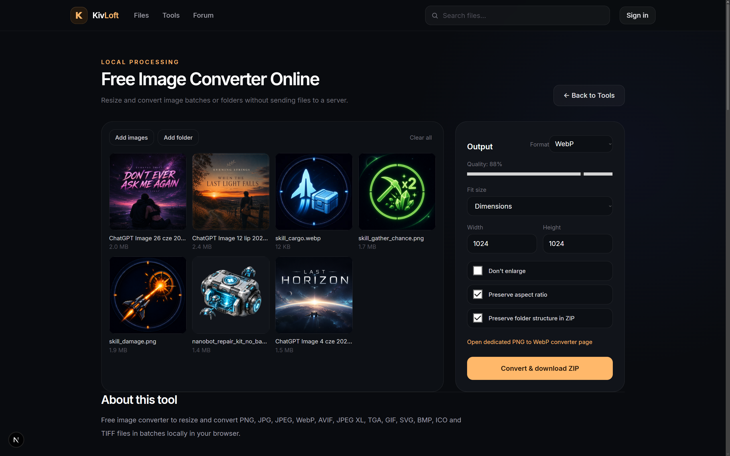 KivLoft Image Converter with format, quality and resize settings