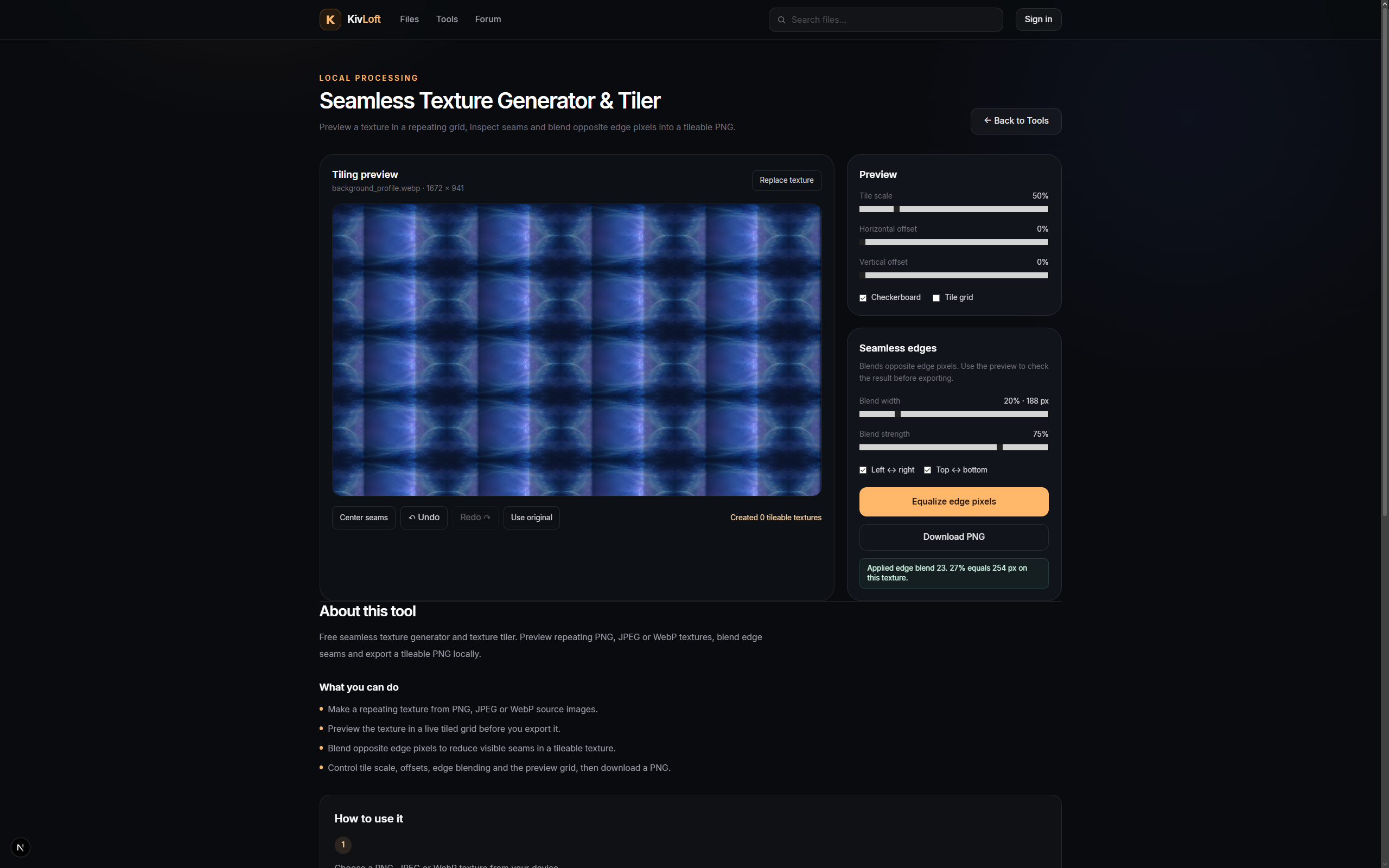 KivLoft Seamless Texture Generator and Tiler interface