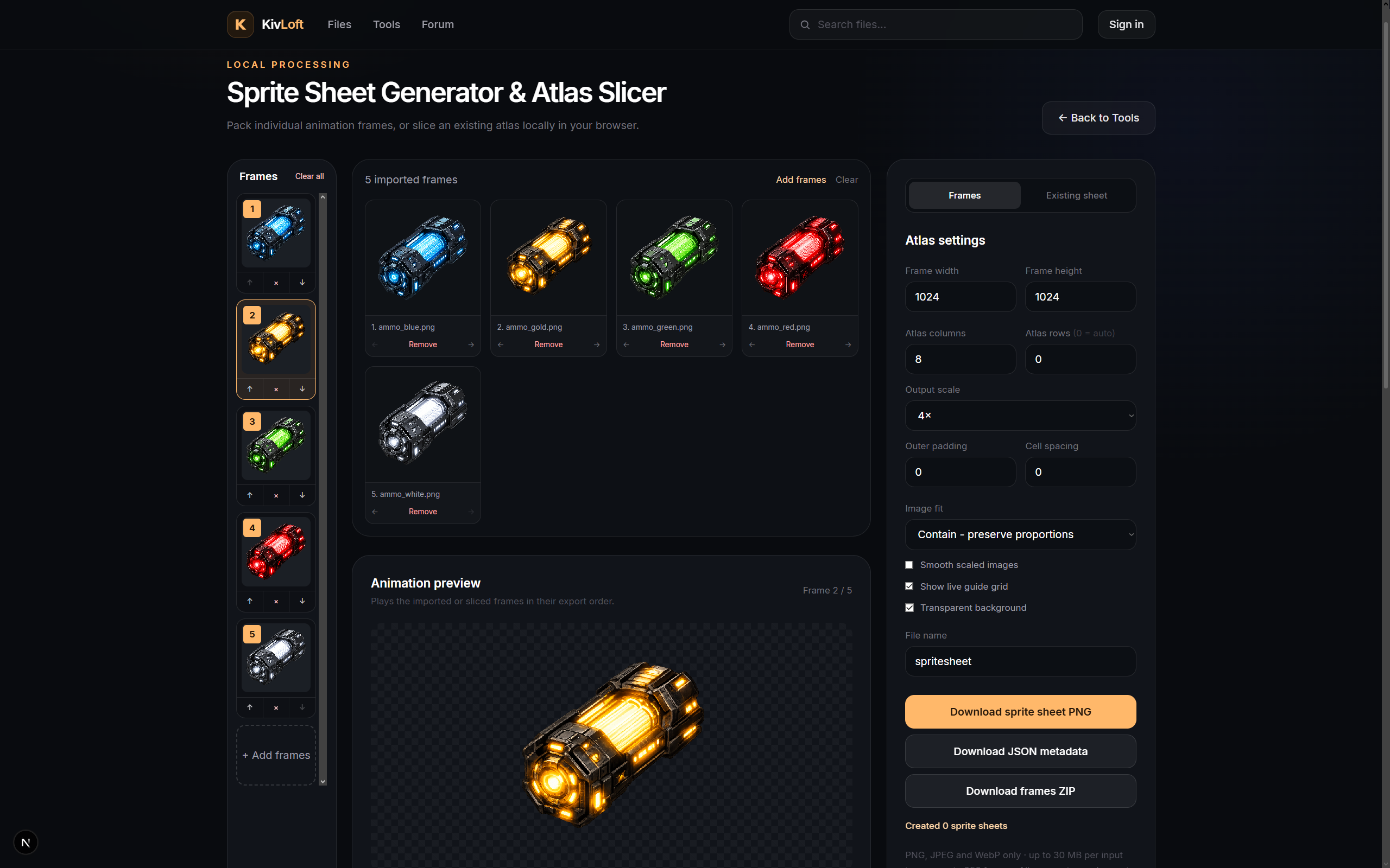 KivLoft Sprite Sheet Generator and Atlas Slicer interface